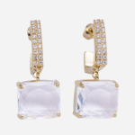 Arracada cuadrada de chapa de oro de 18k con barrita de circones y cristal cuadrado