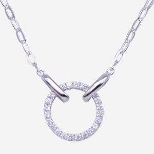 Juego de dije y cadena de plata .925 con dije circular con pavé de circones