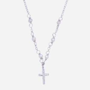 Juego de dije y cadena de plata .925 con dije de cruz con circones y perlitas cultivadas