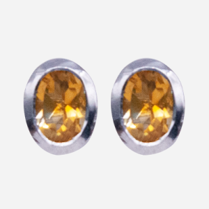 Aretes de plata con piedra semi-preciosa citrina con bisel diseño oval