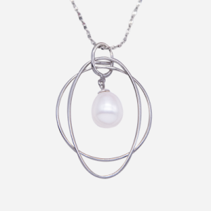 Juego de cadena con dije de circulo y ovalo entrelazados con perla Drop