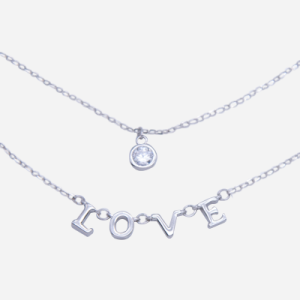 Juego de cadena doble de rodio con dije circón y letras LOVE