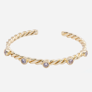 Pulsera de chapa de oro 18k tipo bangle diseño trenzado con 5 circones