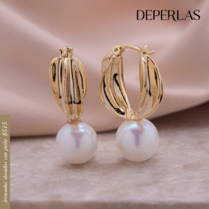 Arracadas de chapa de oro de 18k diseño lineas con perla 11.5mm