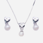 Juego de aretes y cadena con dije de mini corazón con perla cultivada