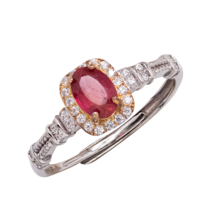 Anillo de plata y vermail con circones y piedra rubí