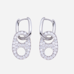 Arracada cuadrada de rodio y dije clip con pavé de circones