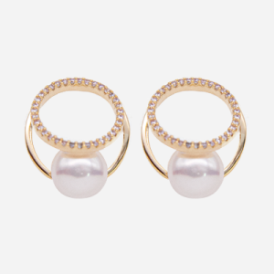 Aretes de baño de oro 18k circulo doble con pavé de circones y perla cultivada