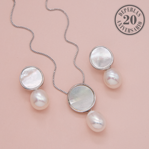 Juego de dije con aretes y cadena con perla natural y madre perla