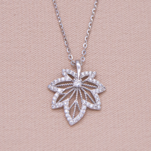 Juego de cadena y dije en plata diseño hoja calada con circones