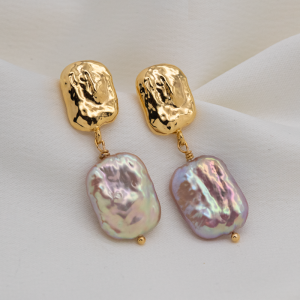 Aretes largos de perla square rosada broche cuadrado