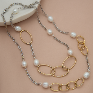 Collar largo de Perla drop con óvalos dorados y cadena