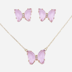 Juego de dije-aretes diseño mariposa con cristal rosa