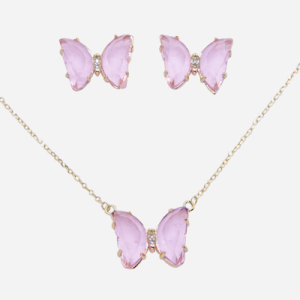 Juego de dije-aretes diseño mariposa con cristal rosa