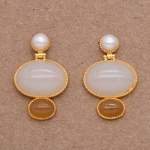 Aretes largos de perla y jade 2 óvalos