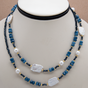 Collar largo de perla square, cristal azul y piedras