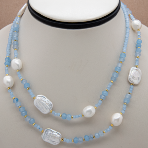 Collar largo de perla square, jade celeste y madre perla