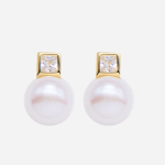 Aretes cortos de perla botón con circón cuadrado