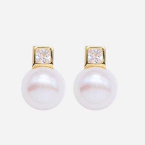 Aretes cortos de perla botón con circón cuadrado