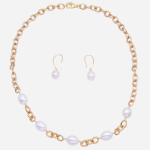 Juego de aretes y collar corto de baño de oro 18k con perla drop