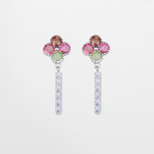 Arete de plata diseño flor turmalina de colores y barra con circones