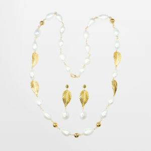 Juego de aretes y collar largo de perla oval 11mm con hojas y beads dorados