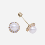 Broquel oro 10k en forma de circulo con perla y circones