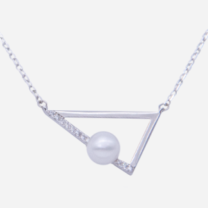 Juego de dije con cadena de plata con perla botón- diseño triangulo con circones