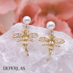 Aretes de chapa de oro de 18k con perla cultivada diseño libélula