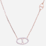 Juego de cadena de plata con baño de oro rosado dije doble ovalado con circones