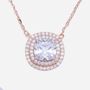 Juego de cadena de plata con baño de oro rosado diseño de cuadro con cristal y circones