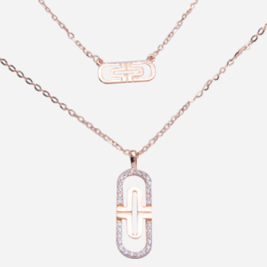 Juego de cadena doble de plata con baño de oro rosado y dije ovalado con circones