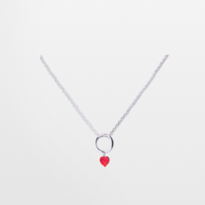 Juego de dije con cadena de plata con circulo y corazón de cristal rojo