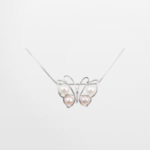 Juego de dije de plata con cadena en forma de mariposa y cuatro perlas