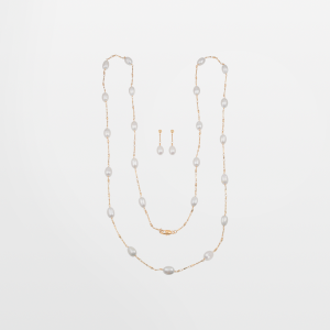 Juego de collar largo de chapa y aretes perla barroca