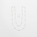 Juego de collar largo de rodio y aretes perla oval
