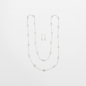 Juego de collar largo de rodio y aretes perla oval
